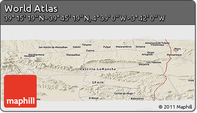 Shaded Relief Panoramic Map of the Area around 39° 30' 19" N, 4° 10' 30" W