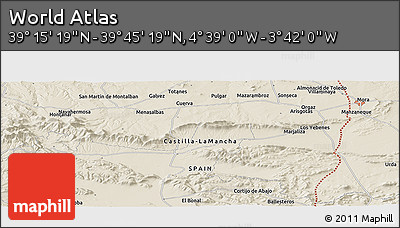 Shaded Relief Panoramic Map of the Area around 39° 30' 19" N, 4° 10' 30" W