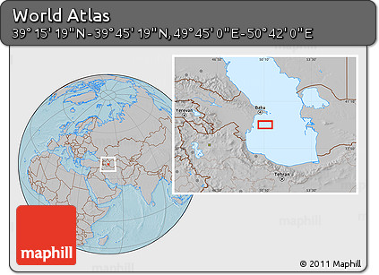 Gray Location Map of the Area around 39° 30' 19" N, 50° 13' 30" E, hill shading
