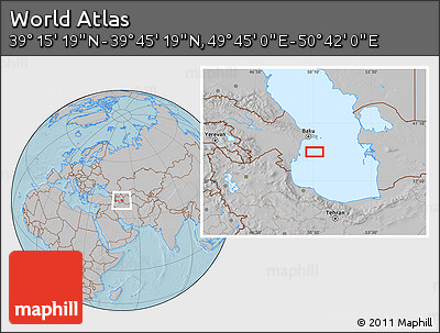 Gray Location Map of the Area around 39° 30' 19" N, 50° 13' 30" E, hill shading