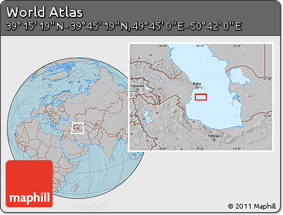 Gray Location Map of the Area around 39° 30' 19" N, 50° 13' 30" E, hill shading