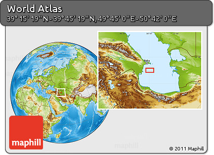 Physical Location Map of the Area around 39° 30' 19" N, 50° 13' 30" E