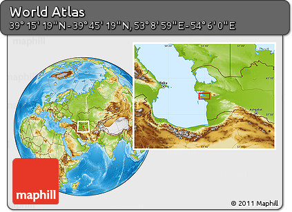 Physical Location Map of the Area around 39° 30' 19" N, 53° 37' 30" E