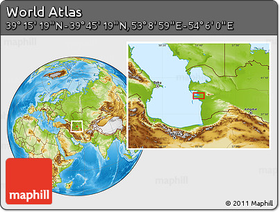 Physical Location Map of the Area around 39° 30' 19" N, 53° 37' 30" E