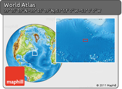 Physical Location Map of the Area around 39° 30' 19" N, 53° 28' 30" W