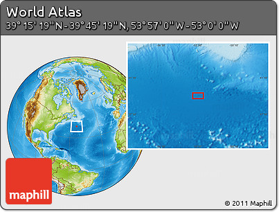 Physical Location Map of the Area around 39° 30' 19" N, 53° 28' 30" W