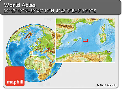 Physical Location Map of the Area around 39° 30' 19" N, 5° 10' 30" E