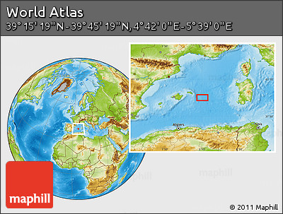 Physical Location Map of the Area around 39° 30' 19" N, 5° 10' 30" E