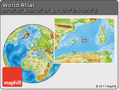Physical Location Map of the Area around 39° 30' 19" N, 5° 10' 30" E