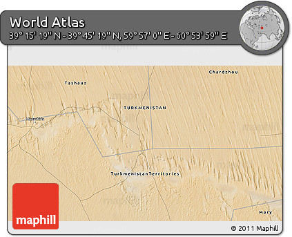 Satellite 3D Map of the Area around 39° 30' 19" N, 60° 25' 29" E