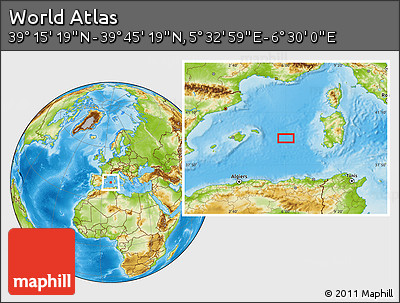 Physical Location Map of the Area around 39° 30' 19" N, 6° 1' 30" E