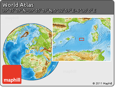 Physical Location Map of the Area around 39° 30' 19" N, 6° 1' 30" E
