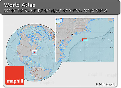 Gray Location Map of the Area around 39° 30' 19" N, 71° 19' 29" W, hill shading