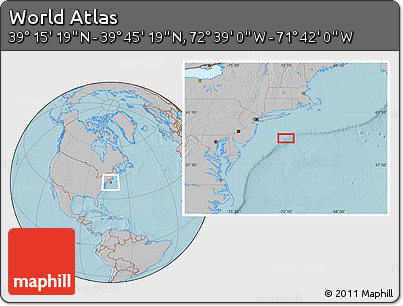 Gray Location Map of the Area around 39° 30' 19" N, 72° 10' 30" W, hill shading