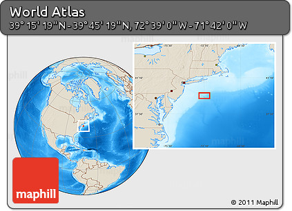 Shaded Relief Location Map of the Area around 39° 30' 19" N, 72° 10' 30" W