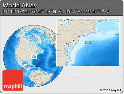 Shaded Relief Location Map of the Area around 39° 30' 19" N, 72° 10' 30" W