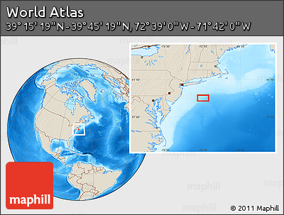 Shaded Relief Location Map of the Area around 39° 30' 19" N, 72° 10' 30" W