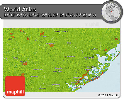 Physical 3D Map of the Area around 39° 30' 19" N, 74° 43' 29" W