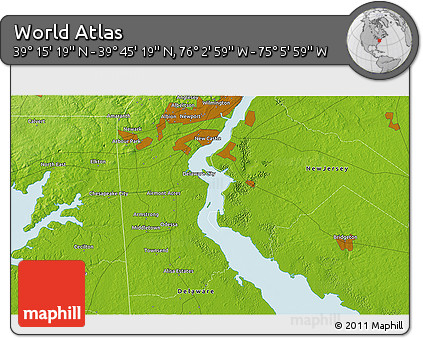 Physical 3D Map of the Area around 39° 30' 19" N, 75° 34' 29" W