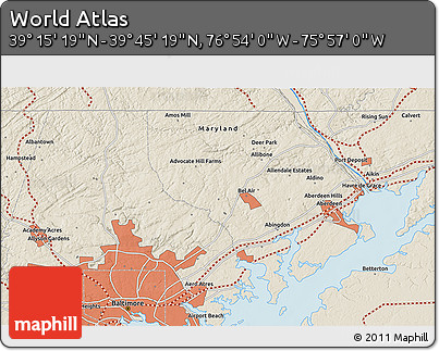 Shaded Relief 3D Map of the Area around 39° 30' 19" N, 76° 25' 30" W