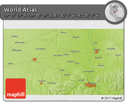 Physical 3D Map of the Area around 39° 30' 19" N, 83° 13' 29" W