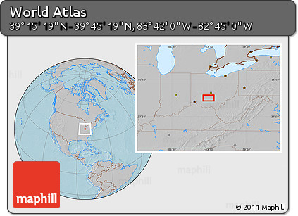 Gray Location Map of the Area around 39° 30' 19" N, 83° 13' 29" W, hill shading