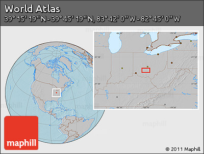 Gray Location Map of the Area around 39° 30' 19" N, 83° 13' 29" W, hill shading