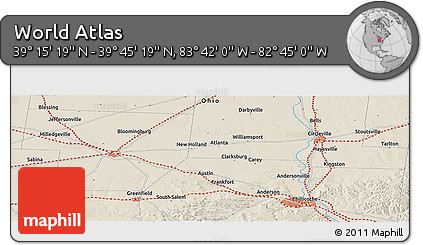 Shaded Relief Panoramic Map of the Area around 39° 30' 19" N, 83° 13' 29" W