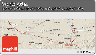 Shaded Relief Panoramic Map of the Area around 39° 30' 19" N, 83° 13' 29" W