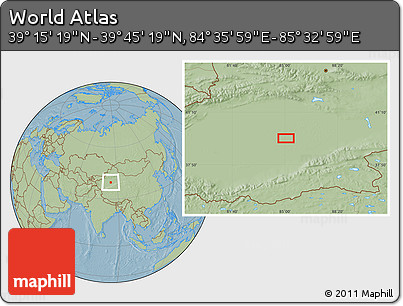 Savanna Style Location Map of the Area around 39° 30' 19" N, 85° 4' 29" E, hill shading
