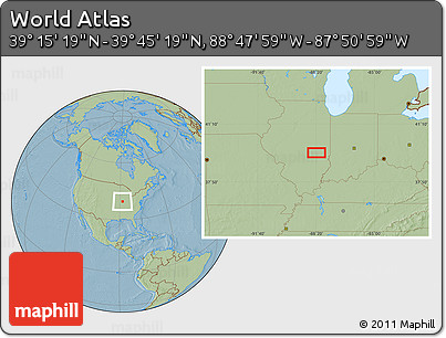 Savanna Style Location Map of the Area around 39° 30' 19" N, 88° 19' 29" W, hill shading