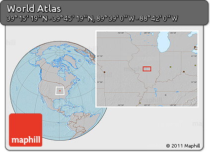 Gray Location Map of the Area around 39° 30' 19" N, 89° 10' 30" W, hill shading