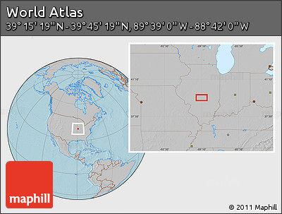 Gray Location Map of the Area around 39° 30' 19" N, 89° 10' 30" W, hill shading