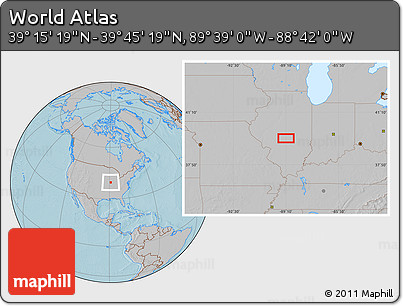 Gray Location Map of the Area around 39° 30' 19" N, 89° 10' 30" W, hill shading