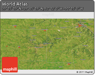 Satellite 3D Map of the Area around 39° 30' 19" N, 91° 43' 29" W