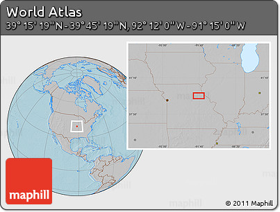 Gray Location Map of the Area around 39° 30' 19" N, 91° 43' 29" W, hill shading