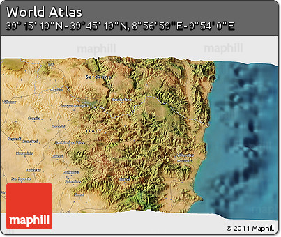 Satellite 3D Map of the Area around 39° 30' 19" N, 9° 25' 30" E