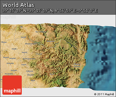 Satellite 3D Map of the Area around 39° 30' 19" N, 9° 25' 30" E