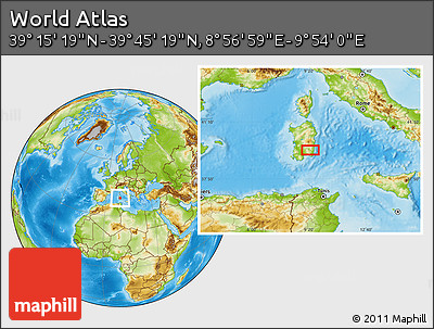Physical Location Map of the Area around 39° 30' 19" N, 9° 25' 30" E