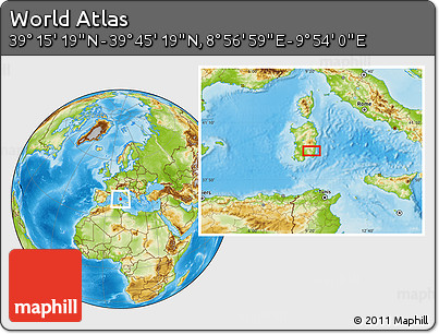 Physical Location Map of the Area around 39° 30' 19" N, 9° 25' 30" E