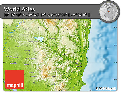 Physical Map of the Area around 39° 30' 19" N, 9° 25' 30" E