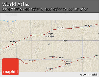Shaded Relief 3D Map of the Area around 39° 57' 6" N, 100° 13' 29" W