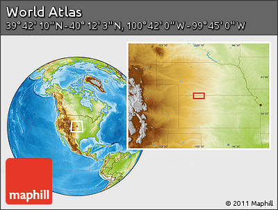 Physical Location Map of the Area around 39° 57' 6" N, 100° 13' 29" W