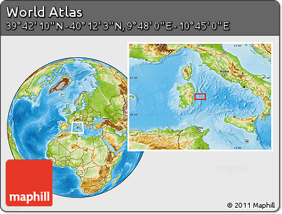 Physical Location Map of the Area around 39° 57' 6" N, 10° 16' 30" E