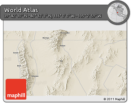 Shaded Relief 3D Map of the Area around 39° 57' 6" N, 115° 31' 30" W