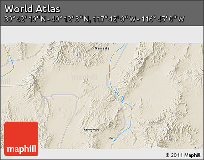 Shaded Relief 3D Map of the Area around 39° 57' 6" N, 117° 13' 29" W