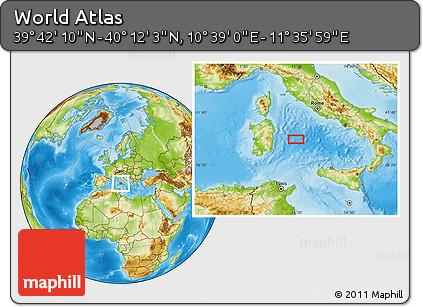 Physical Location Map of the Area around 39° 57' 6" N, 11° 7' 30" E