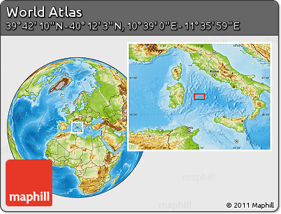 Physical Location Map of the Area around 39° 57' 6" N, 11° 7' 30" E