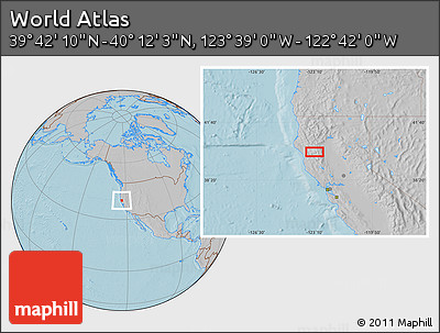 Gray Location Map of the Area around 39° 57' 6" N, 123° 10' 30" W, hill shading