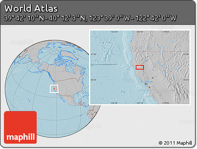 Gray Location Map of the Area around 39° 57' 6" N, 123° 10' 30" W, hill shading